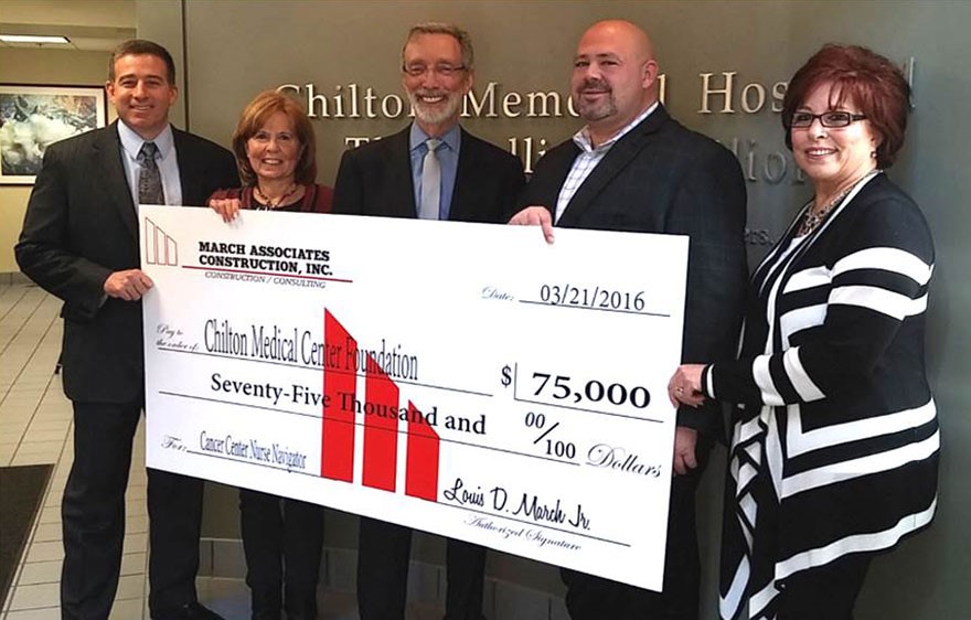   March Associates Construction of Wayne has donated $78,000 toward the funding of a Nurse Navigator position in the Cancer Center at Chilton Medical Center. Pictured are: Louis D. March Jr., President, March Associates Construction Inc; Dr. Michael Kane, Medical Director, Community Oncology, Atlantic Health System; Joan Beloff, Chief Development Officer, Chilton Medical Center; Bryan Murray, Marketing Director, March Associates Construction Inc; and Debbie Aiosa, Administrative Assistant, March Associates Construction Inc.  